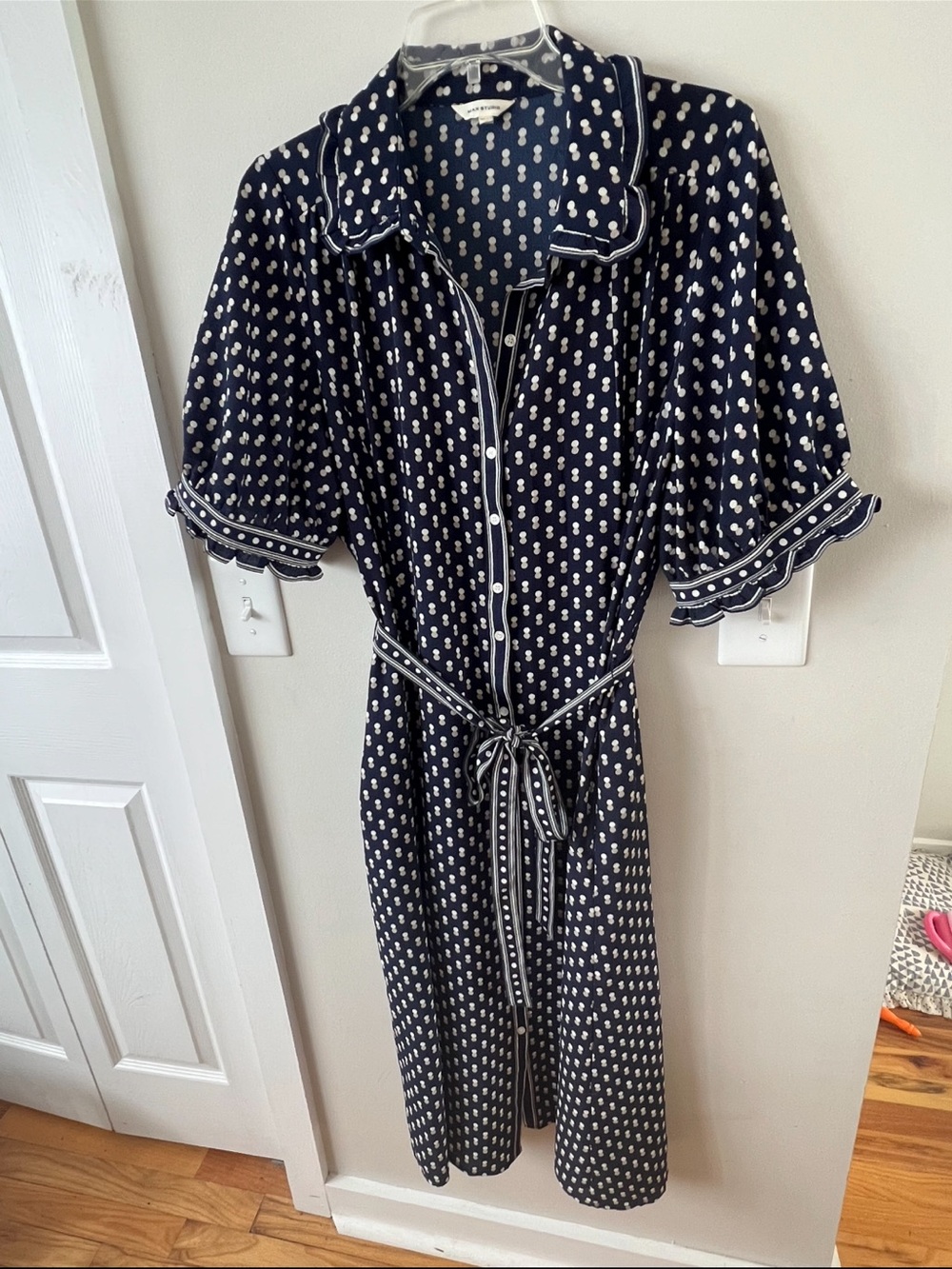 Max Studio Navy and White Polka Dot Midi Shirt Dress